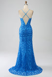 Mermaid Spaghetti Straps Deep V Neck Sequins Long Blue Prom Dress