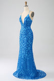 Mermaid Spaghetti Straps Deep V Neck Sequins Long Blue Prom Dress