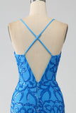 Mermaid Spaghetti Straps Deep V Neck Sequins Long Blue Prom Dress