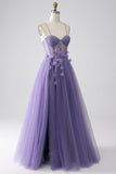 A-Line Spaghetti Straps Corset Purple Prom Dress with 3D Flowers