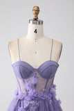 A-Line Spaghetti Straps Corset Purple Prom Dress with 3D Flowers