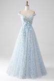 Light Blue A-Line Off the Shoulder Long Corset Prom Dress With Appliques