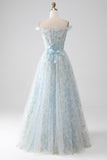 Light Blue A-Line Off the Shoulder Long Corset Prom Dress With Appliques