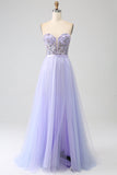 Lilac A Line Tulle Sparkly Sequin Corset Prom Dress with Slit