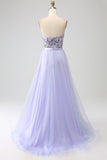 Lilac A Line Tulle Sparkly Sequin Corset Prom Dress with Slit