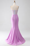 Lilac Mermaid Sweetheart Strapless Pleated Corset Prom Dress with Slit