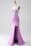 Lilac Mermaid Sweetheart Strapless Pleated Corset Prom Dress with Slit