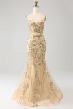 Champagne Mermaid Strapless Sparkly Sequins Corset Prom Dress