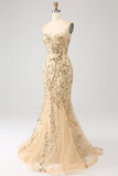 Champagne Mermaid Strapless Sparkly Sequins Corset Prom Dress