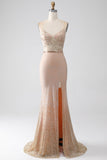 Sparkly Champagne Mermaid Spaghetti Straps Long Corset Prom Dress with Slit