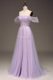 Princess Lilac Off the Shoulder A Line Tulle Prom Dress With Slit