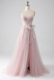 Sparkly Blush A-Line Sweetheart Strapless Bow Tulle Prom Dress with Slit