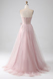 Sparkly Blush A-Line Sweetheart Strapless Bow Tulle Prom Dress with Slit