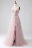 Sparkly Blush A-Line Sweetheart Strapless Bow Tulle Prom Dress with Slit