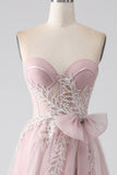 Sparkly Blush A-Line Sweetheart Strapless Bow Tulle Prom Dress with Slit