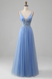 Light Blue A-Line V Neck Tulle Long Prom Dress With Appliques