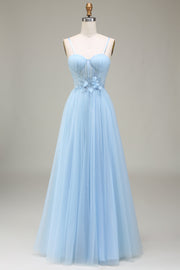 Sparkly Light Blue A-Line Tulle Long Prom Dress With Appliques