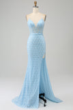 Glitter Sky Blue Mermaid Spaghetti Straps Long Prom Dress with Slit