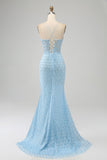 Glitter Sky Blue Mermaid Spaghetti Straps Long Prom Dress with Slit