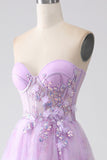 Lavender Printed A-Line Sweetheart Strapless Beaded Corset Prom Dress with Slit