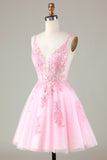 Cute Pink Glitter Sequin Short Backless Homecoming Dress with Appliques