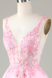 Cute Pink Glitter Sequin Short Backless Homecoming Dress with Appliques