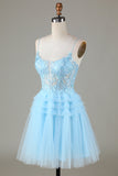 Cute A Line Spaghetti Straps Glitter Blue Short Homecoming Dress with Appliques