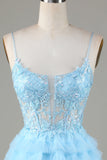 Cute A Line Spaghetti Straps Glitter Blue Short Homecoming Dress with Appliques