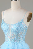 Cute A Line Spaghetti Straps Glitter Blue Short Homecoming Dress with Appliques