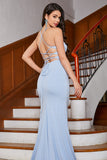 Sparkly Light Blue Mermaid Spaghetti Straps Pleated Long Prom Dress with Slit