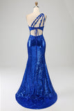 Royal Blue Mermaid One Shoulder Long Hollow-out Prom Dress with Slit