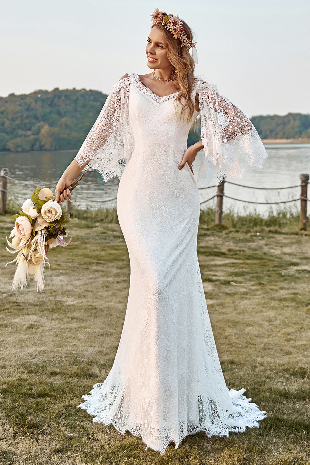 Wedtrend Women Boho Wedding Dress Ivory Lace trumpet/Mermaid Sweep Train  Cape Sleeve Cold Shoulder Beach Bridal Dress – WEDTREND