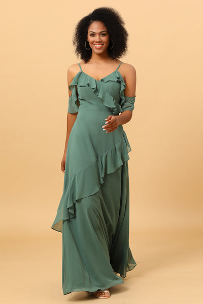 Eucalyptus Spaghetti Straps Long Chiffon Bridesmaid Dress with