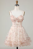 Champagne A-Line Corset Floral Short Homecoming Dress with Lace Up Back