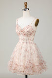 Champagne A-Line Corset Floral Short Homecoming Dress with Lace Up Back