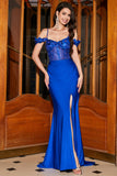 Royal Blue Mermaid Off the Shoulder Corset Prom Dress with Appliques