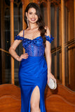 Royal Blue Mermaid Off the Shoulder Corset Prom Dress with Appliques