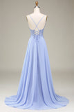 Lavender A-Line Spaghetti Straps Long Appliques Prom Dress with Slit