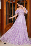 Gorgeous Lilac Floral A Line Off the ShoulderLong Prom Dress with Ruffles