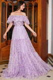 Gorgeous Lilac Floral A Line Off the ShoulderLong Prom Dress with Ruffles