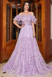 Gorgeous Lilac Floral A Line Off the ShoulderLong Prom Dress with Ruffles