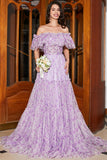 Gorgeous Lilac Floral A Line Off the ShoulderLong Prom Dress with Ruffles