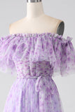 Lilac A-Line Off the Shoulder  Floral Long Prom Dress With Ruffles