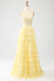 Yellow A-Line Sweetheart Tiered Corset Long Prom Dress