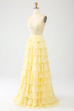 Yellow A-Line Sweetheart Tiered Corset Long Prom Dress