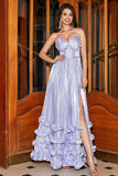 Stunning Lavender A Line Spaghetti Straps Corset Prom Dress with Slit