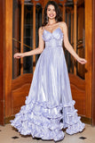 Stunning Lavender A Line Spaghetti Straps Corset Prom Dress with Slit