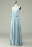 A Line Spaghetti Straps Sky Blue Chiffon Long Bridesmaid Dress