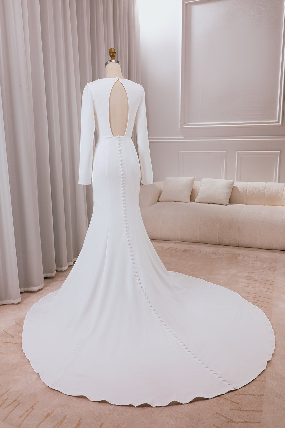 Wedtrend Women Ivory Bridal Dress Deep V-Neck Long Sleeves Crepe Mermaid Wedding  Dress with Front Slit – WEDTREND