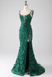 Dark Green Mermaid Spaghetti Straps Long Prom Dress with Appliques